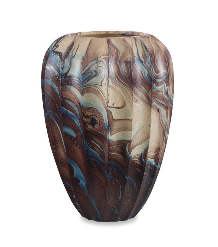 Saros Vase QR-22050.NTRLBLUE.0 by CuratedKravet CuratedKravet A tall wooden vase featuring an artistic swirled brown and blue finish. Due to the natural material, variation is to be expected. Thailand DUST LIGHTLY WITH A SOFT, DRY CLOTH. </p><p>Dimensions: Length 8.75, Height 12.25, Width 8.75 Wood - 100% - Fabric Carolina -