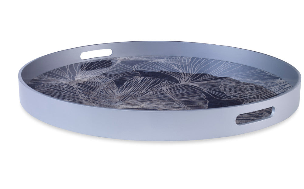 Belo Tray QR-22088.GRAY.0 by CuratedKravet CuratedKravet A round tray featuring a ginkgo leaf design made of natural and dyed capiz shells. The pattern is laser engraved and finshed with a shiny, protective resin layer. The tray features two cut out handles. Indonesia DUST LIGHTLY WITH A SOFT, DRY CLOTH. </p><p>Dimensions: Length 28, Height 2.5, Width 28 Mdf - 60%, Poly Resin - 30%, Shell - 10% - Fabric Carolina -