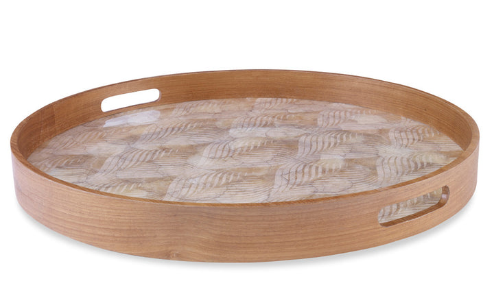 Natal Tray QR-22089.BRWNWHT.0 by CuratedKravet CuratedKravet A round tray featuring a feather-like design made of natural capiz shells. The pattern is laser engraved and finshed with a shiny, protective resin layer. The tray features two cut out handles. Indonesia DUST LIGHTLY WITH A SOFT, DRY CLOTH. </p><p>Dimensions: Length 24, Height 2.5, Width 24 Mdf - 60%, Poly Resin - 30%, Shell - 10% - Fabric Carolina -