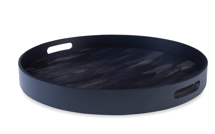 Campo Tray QR-22091.GRAYMULT.0 by CuratedKravet CuratedKravet A round tray featuring a unique design made of dyed corn husk material. The pattern is laser engraved and finshed with a shiny, protective resin layer. The tray features two cut out handles. Indonesia DUST LIGHTLY WITH A SOFT, DRY CLOTH. </p><p>Dimensions: Length 22, Height 2.25, Width 22 Mdf - 50%, Poly Resin - 30%, Natural Products - 20% - Fabric Carolina -