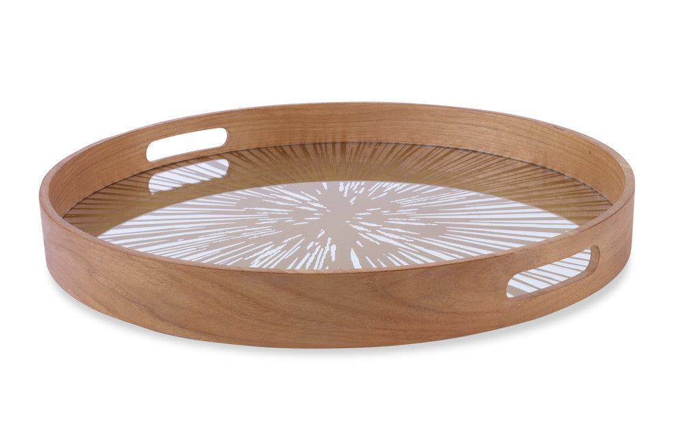 Santos Tray QR-22096.BRWNGLD.0 by CuratedKravet CuratedKravet A round mirrored tray with engraved details. Features two cut out side handles. Indonesia DUST LIGHTLY WITH A SOFT, DRY CLOTH. </p><p>Dimensions: Length 22, Height 2.5, Width 22 Mdf - 70%, Teak Wood - 20%, Glass - 10% - Fabric Carolina -