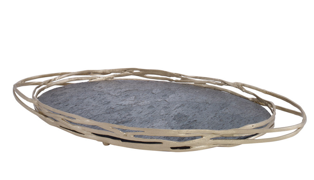 Beardsley Tray QR-22127.BRASS.0 by CuratedKravet CuratedKravet A sculptural brass tray featuring a gray slate veneer interior. India DUST LIGHTLY WITH A SOFT, DRY CLOTH. </p><p>Dimensions: Length 20, Height 1.75, Width 11 Brass - 90%, Stone - 10% - Fabric Carolina -