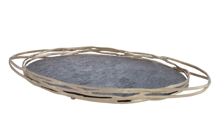 Beardsley Tray QR-22127.BRASS.0 by CuratedKravet CuratedKravet A sculptural brass tray featuring a gray slate veneer interior. India DUST LIGHTLY WITH A SOFT, DRY CLOTH. </p><p>Dimensions: Length 20, Height 1.75, Width 11 Brass - 90%, Stone - 10% - Fabric Carolina -