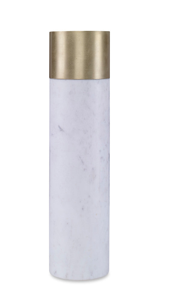 Lia Candleholder, Large QR-22150.WHTBRSS.0 by CuratedKravet CuratedKravet A large marble and brass candleholder. India DUST LIGHTLY WITH A SOFT, DRY CLOTH. </p><p>Dimensions: Length 4, Height 15.25, Width 4 Marble - 70%, Brass - 30% - Fabric Carolina -