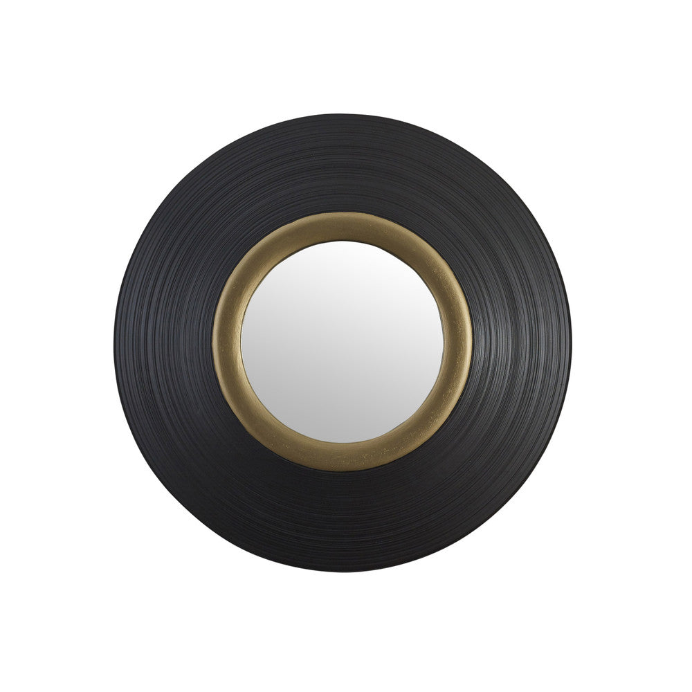 Wisdom Accent Mirror QR-22203.BLKGLD.0 by CuratedKravet CuratedKravet A round hand finished resin accent mirror with inset gold trim. Perfect hung alone or in a grouping. United States </p><p>Dimensions: Length 22.5, Height 22.5, Width 2.5 Glass - 50%, Poly Resin - 50% - Fabric Carolina -