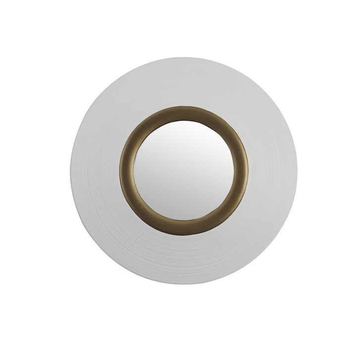 Wisdom Accent Mirror QR-22203.WHTGLD.0 by CuratedKravet CuratedKravet A round hand finished resin accent mirror with inset gold trim. Perfect hung alone or in a grouping. United States </p><p>Dimensions: Length 22.5, Height 22.5, Width 2.5 Glass - 50%, Poly Resin - 50% - Fabric Carolina -