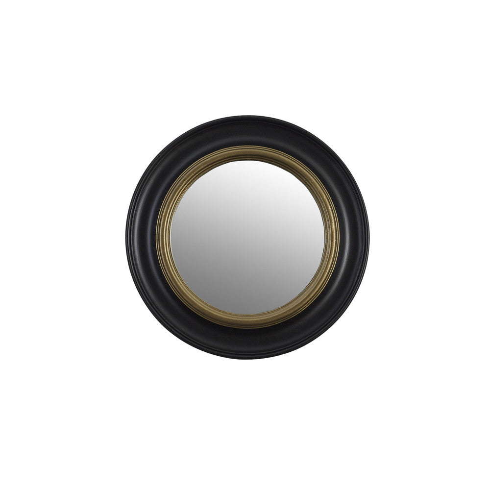 Espers Accent Mirror QR-22204.BLKGLD.0 by CuratedKravet CuratedKravet A round hand finished resin accent mirror with inset gold trim. Perfect hung alone or in a grouping. United States </p><p>Dimensions: Length 18, Height 18, Width 3 Glass - 50%, Poly Resin - 50% - Fabric Carolina -