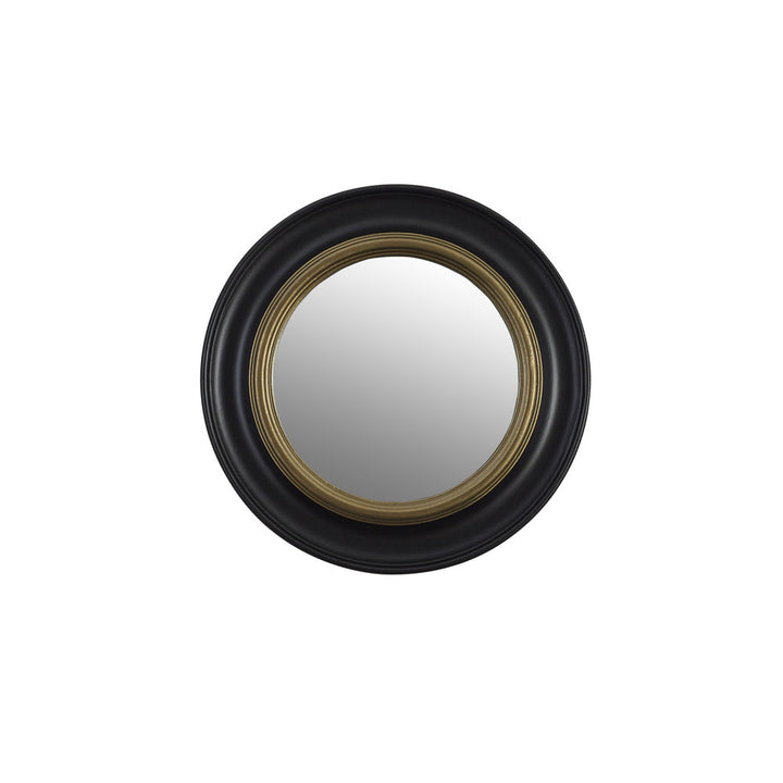 Espers Accent Mirror QR-22204.BLKGLD.0 by CuratedKravet CuratedKravet A round hand finished resin accent mirror with inset gold trim. Perfect hung alone or in a grouping. United States </p><p>Dimensions: Length 18, Height 18, Width 3 Glass - 50%, Poly Resin - 50% - Fabric Carolina -