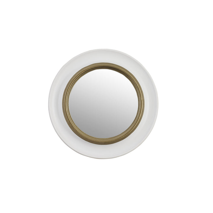 Espers Accent Mirror QR-22204.WHTGLD.0 by CuratedKravet CuratedKravet A round hand finished resin accent mirror with inset gold trim. Perfect hung alone or in a grouping. United States </p><p>Dimensions: Length 18, Height 18, Width 3 Glass - 50%, Poly Resin - 50% - Fabric Carolina -