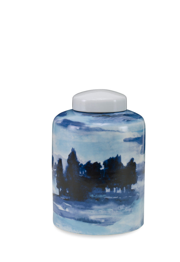Sheila Lidded Jar, Small QR-22271.BLUEWHITE.0 by CuratedKravet CuratedKravet Porcelain lidded jar with hand painted blue and white abstract landscape pattern. Available in small and large sizes. China DUST LIGHTLY WITH A SOFT, DRY CLOTH. </p><p>Dimensions: Length 8, Height 11.5, Width 8 - Fabric Carolina -