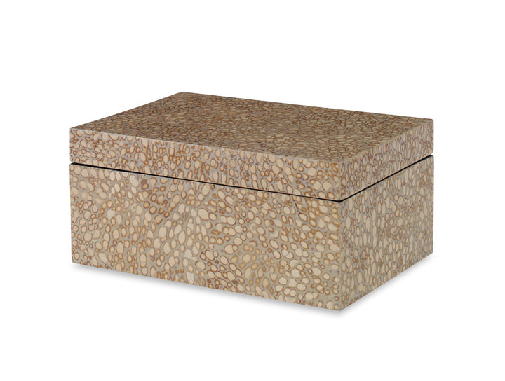 Lawson Box, Small QR-22652.GRYBEIGE.0 by CuratedKravet CuratedKravet A decorative lidded box featuring a unique eggshell lacquer fiinish. Vietnam DUST LIGHTLY WITH A SOFT, DRY CLOTH. </p><p>Dimensions: Length 9, Height 4, Width 6 Mdf - 90%, Acrylic - 10% - Fabric Carolina -