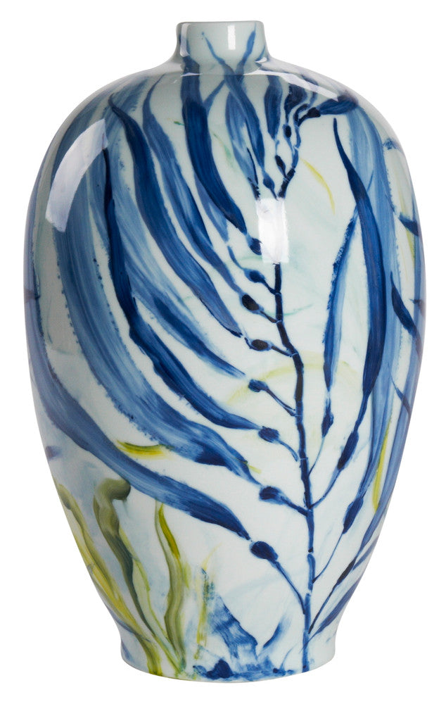 Visby Vase QR-22655.BLUWHT.0 by CuratedKravet CuratedKravet A tall ceramic vase featuring a hand-painted leafy design in an array of greens and blues against a white background. China DUST LIGHTLY WITH A SOFT, DRY CLOTH. </p><p>Dimensions: Length 13.75, Height 22.75, Width 13.75 Ceramic - 100% - Fabric Carolina -