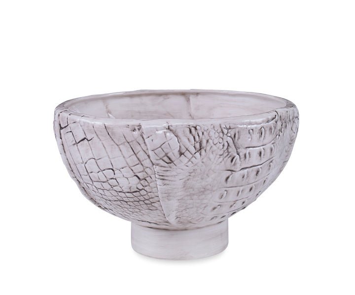 Ridley Bowl QR-22800.WHITEGRAY.0 by CuratedKravet CuratedKravet A handcrafted ceramic bowl with a pedestal base. Detailed with a crocodile skin texture and unique gray wash glaze. Italy DUST LIGHTLY WITH A SOFT, DRY CLOTH. </p><p>Dimensions: Length 13.5, Height 8.5, Width 13.5 Ceramic - 100% - Fabric Carolina -
