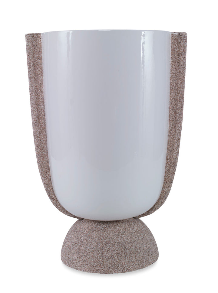 Melville Vase QR-22802.WHITESAND.0 by CuratedKravet CuratedKravet A handmade tall white vase detailed with a natural sand finish on the side handles and base. Italy DUST LIGHTLY WITH A SOFT, DRY CLOTH. </p><p>Dimensions: Length 11.75, Height 17, Width 9.5 Ceramic - 100% - Fabric Carolina -