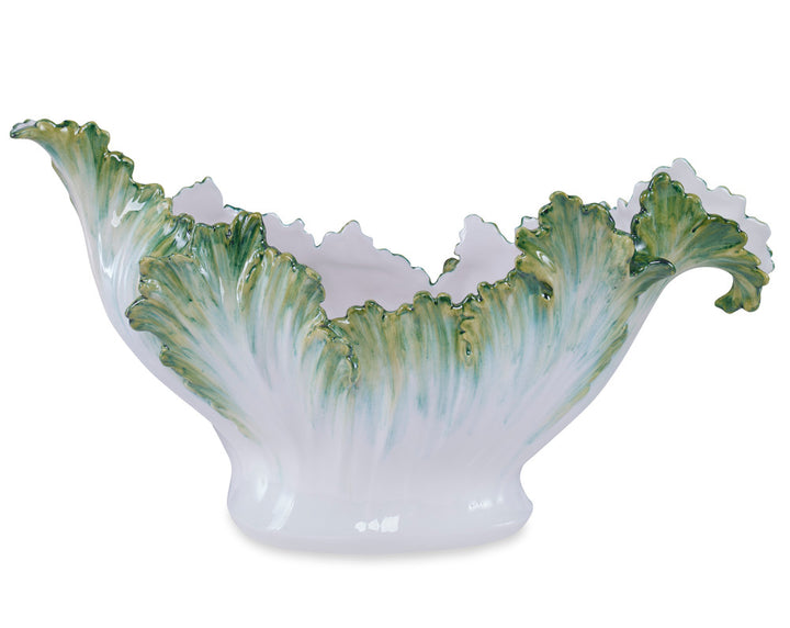 Corden Bowl QR-22803.GREEN.0 by CuratedKravet CuratedKravet A handmade and handpainted ceramic centerpiece bowl featuring a whimsical leafy shape and a green washed glaze. Due to the handmade nature of this product, variation is to be expected. Italy DUST LIGHTLY WITH A SOFT, DRY CLOTH. </p><p>Dimensions: Length 20.75, Height 11.75, Width 10.25 Ceramic - 100% - Fabric Carolina -
