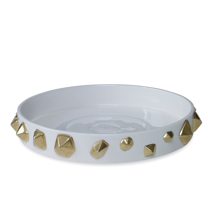 Randy Bowl QR-22804.WHITEGOLD.0 by CuratedKravet CuratedKravet A handmade low ceramic bowl featuring a white glaze and metallic gold geometric shapes adorning the outer edge. Italy DUST LIGHTLY WITH A SOFT, DRY CLOTH. </p><p>Dimensions: Length 13.5, Height 1.5, Width 13.5 Ceramic - 100% - Fabric Carolina -