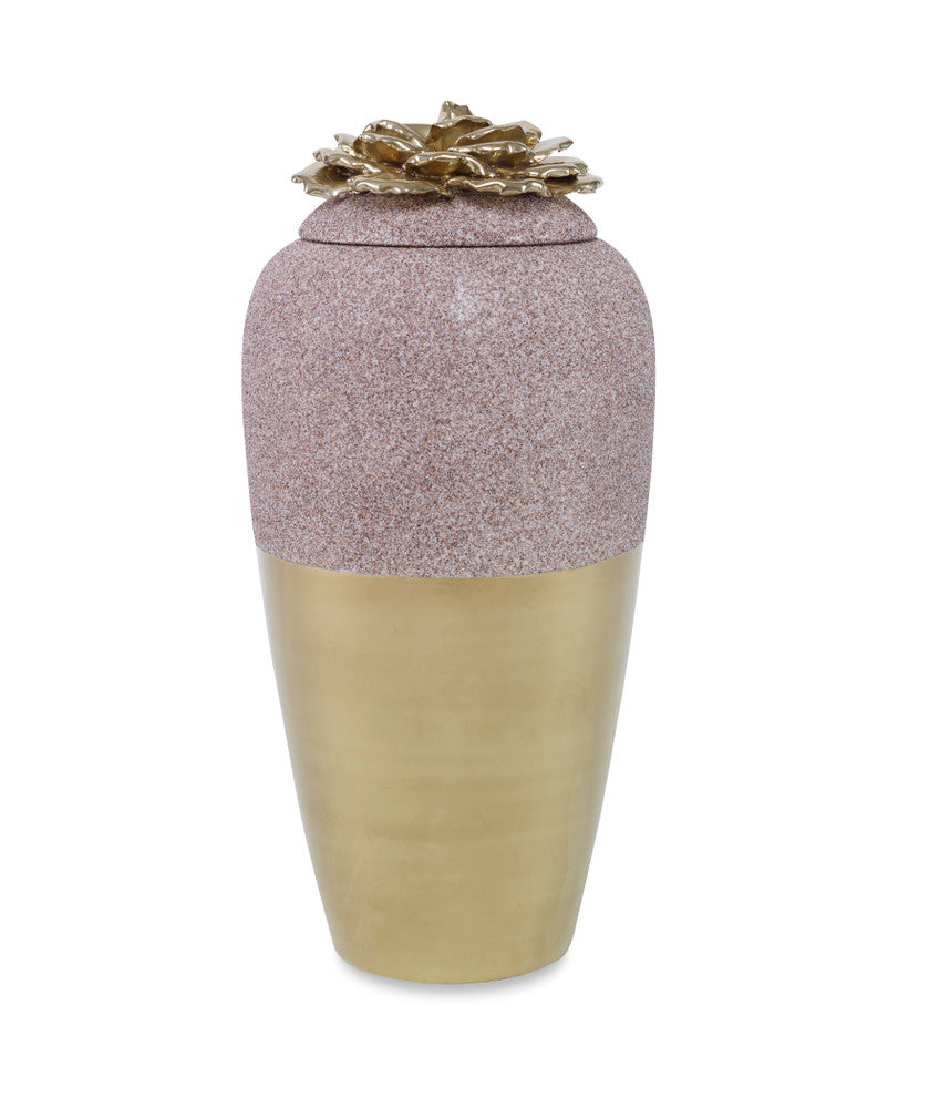 Celine Lidded Vase QR-22805.SANDGOLD.0 by CuratedKravet CuratedKravet A lidded vase featuring a natural sand finish detail and a contrasting metallic gold glaze. The lid is topped with a decorative ceramic dahlia flower. Due to the handmade nature of this product, variation is to be expected. Italy DUST LIGHTLY WITH A SOFT, DRY CLOTH. </p><p>Dimensions: Length 6.75, Height 13.75, Width 6.75 Ceramic - 100% - Fabric Carolina -