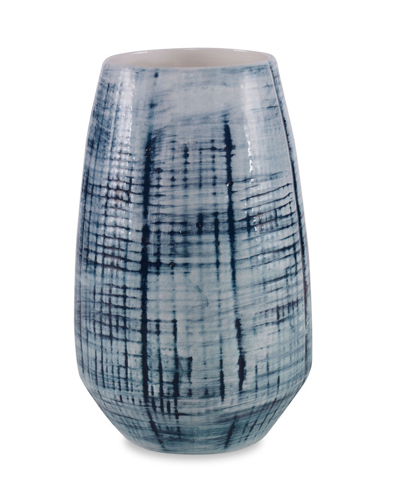Milano Vase, Small QR-22872.BLUWHT.0 by CuratedKravet CuratedKravet A textured ceramic vase featuring a washed white and blue glaze. Each vase is handmade and unique. This vase is not watertight. Portugal DUST LIGHTLY WITH A SOFT, DRY CLOTH. </p><p>Dimensions: Length 7, Height 11, Width 7 Ceramic - 100% - Fabric Carolina -
