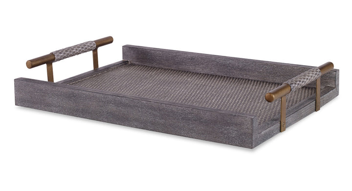 Mayer Tray QR-22926.GRAY.0 by CuratedKravet CuratedKravet A tray made of Gmelina wood and gray matting, detailed with metal handles. Philippines DUST LIGHTLY WITH A SOFT, DRY CLOTH. </p><p>Dimensions: Length 20, Height 3, Width 14 Raffia - 45%, Wood - 45%, Metal - 10% - Fabric Carolina -