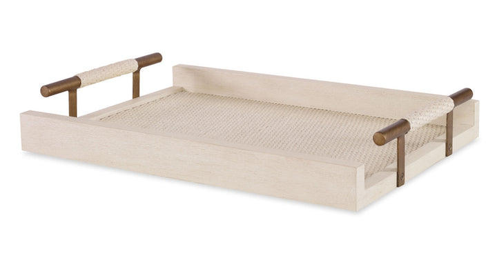 Mayer Tray QR-22926.WHTWSHD.0 by CuratedKravet CuratedKravet A tray made of Gmelina wood and white washed matting, detailed with metal handles. Philippines DUST LIGHTLY WITH A SOFT, DRY CLOTH. </p><p>Dimensions: Length 20, Height 3, Width 14 Raffia - 45%, Wood - 45%, Metal - 10% - Fabric Carolina -