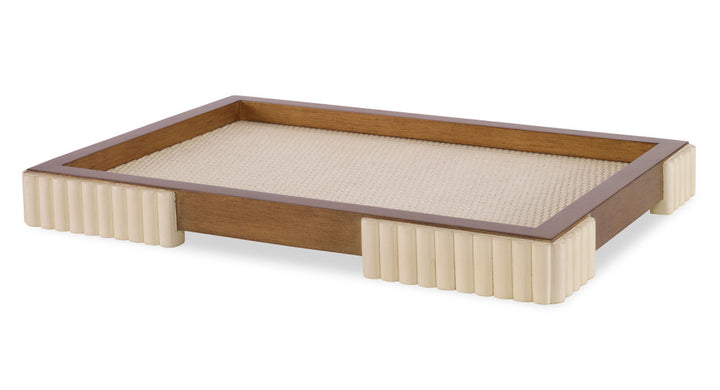 Wasner Tray, Large QR-22927.WHTWSHGLD.0 by CuratedKravet CuratedKravet A white washed and gold tray made of Gmelina wood and matting, detailed with reeded wood accents. Philippines DUST LIGHTLY WITH A SOFT, DRY CLOTH. </p><p>Dimensions: Length 20, Height 2, Width 14 Wood - 90%, Raffia - 10% - Fabric Carolina -