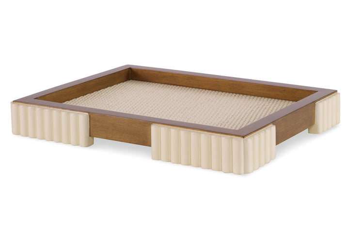 Wasner Tray, Small QR-22928.WHTWSHGLD.0 by CuratedKravet CuratedKravet A white washed and gold tray made of Gmelina wood and matting, detailed with reeded wood accents. Philippines DUST LIGHTLY WITH A SOFT, DRY CLOTH. </p><p>Dimensions: Length 16, Height 2, Width 12 Wood - 90%, Raffia - 10% - Fabric Carolina -