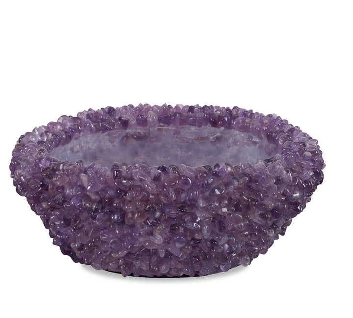 Cleo Stone Bowl QR-23217.AMETHYST.0 by CuratedKravet CuratedKravet A gorgeous handcrafted polished amethyst stone bowl, including a glass bowl liner. Due to the natural material, variation is to be expected. Brazil DUST LIGHTLY WITH A SOFT, DRY CLOTH. </p><p>Dimensions: Length 13, Height 4.25, Width 13 Glass - 50%, Stone - 50% - Fabric Carolina -