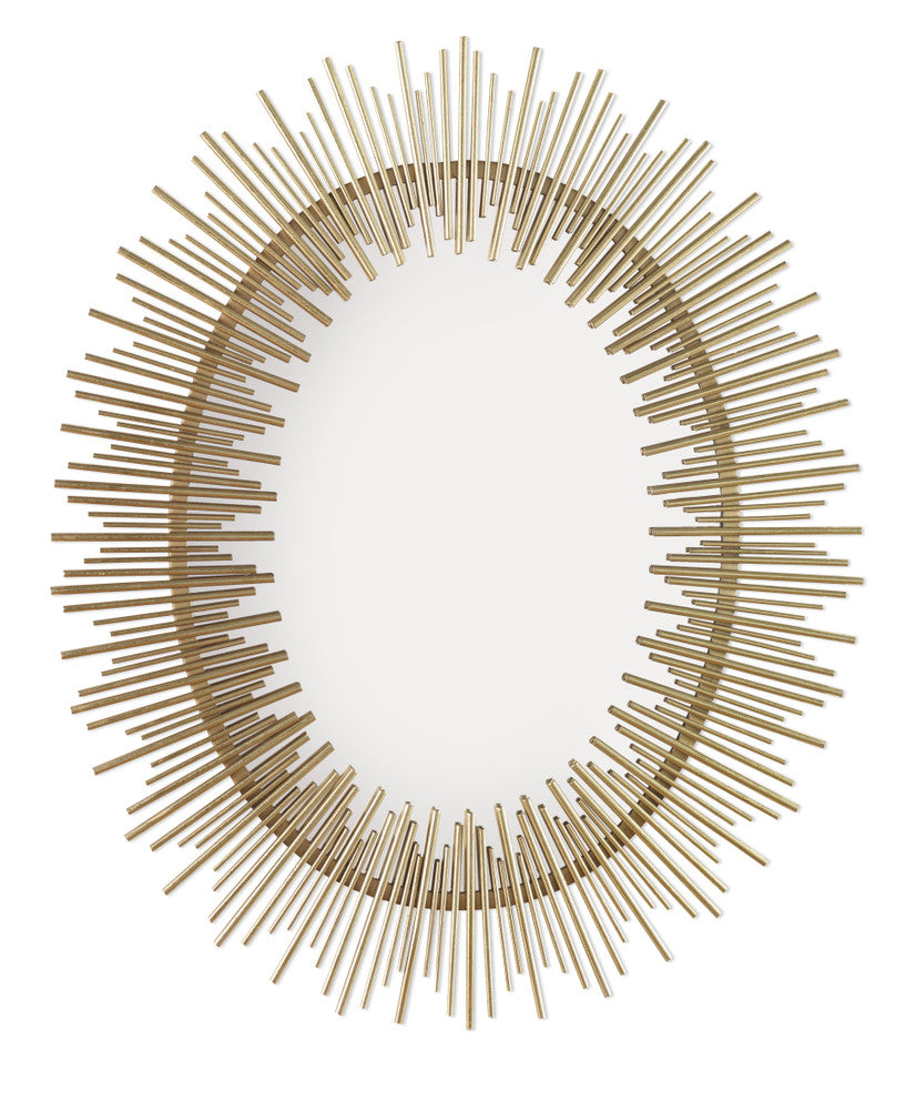 Wyatt Mirror QR-21883.GOLDLEAF.0 by CuratedKravet CuratedKravet Oval shaped mirrors composed of linear rods in hand applied gold leaf. India </p><p>Dimensions: Length 34.5, Height 42.25, Width 1.25 Iron - 70%, Glass - 20%, Mdf - 10% - Fabric Carolina -
