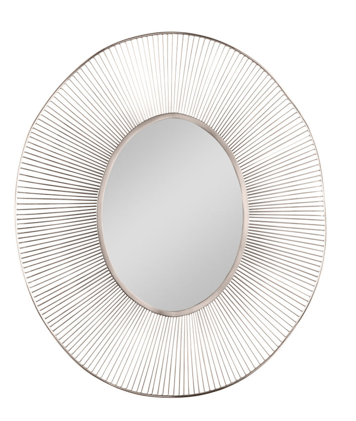 Alaina Mirror QR-21884.NICKEL.0 by CuratedKravet CuratedKravet Oval mirror constructed of linear rods forming a wavy pattern in a shiny nickel finish. India </p><p>Dimensions: Length 34, Height 39.5, Width 2 Stainless Steel - 70%, Glass - 20%, Mdf - 10% - Fabric Carolina -