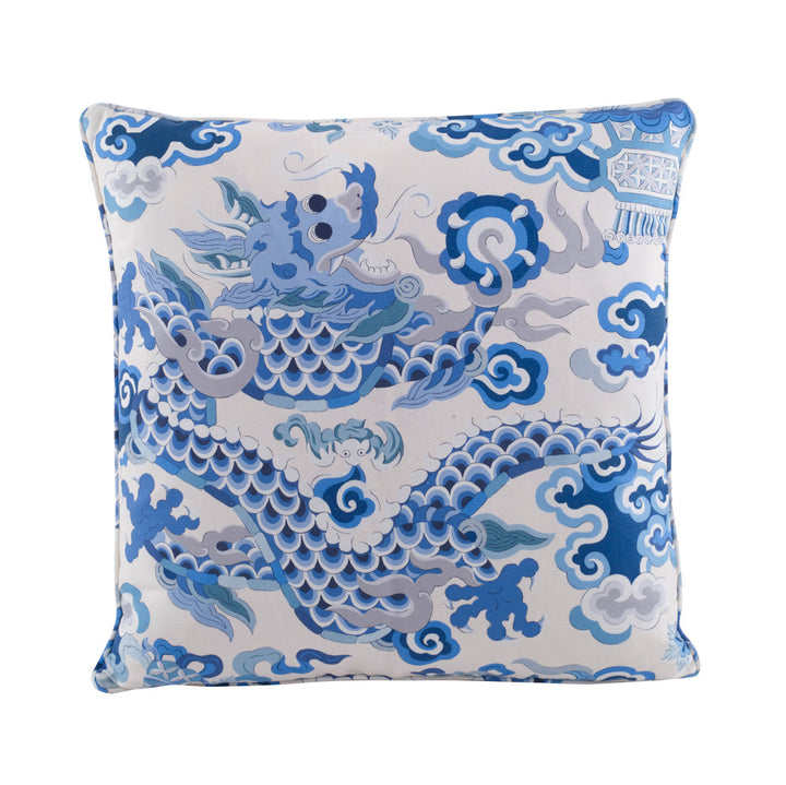 Ming Dragon Pillow QR-22372.IVRYBLU.0 by CuratedKravet CuratedKravet Measures 20"H X 20"L. A decorative accent pillow in Brunschwig & Fils 8019140.155, finished with a self welt. Sewn and finished in the USA. Features an invisible zipper. Includes a 95/5 feather/down insert. United States DRY CLEAN ONLY. </p><p>Dimensions: Length 20, Height 20, Width - Fabric Carolina -