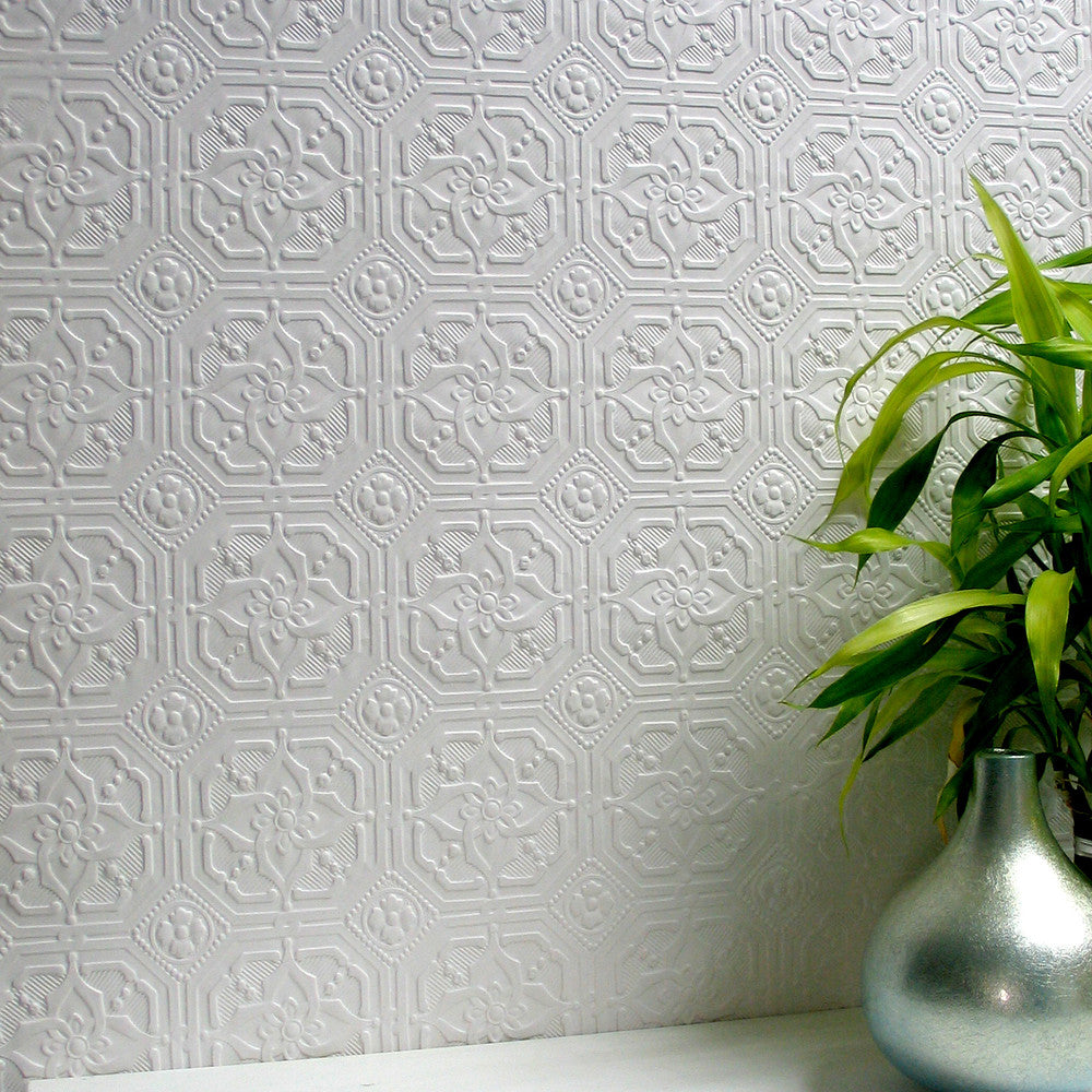 Derby White Paintable Anaglypta Original Wallpaper by Brewster Anaglypta XII Covers about 55 square feet 20-in by 33-ft long roll Unpasted 3.5 - Fabric Carolina -