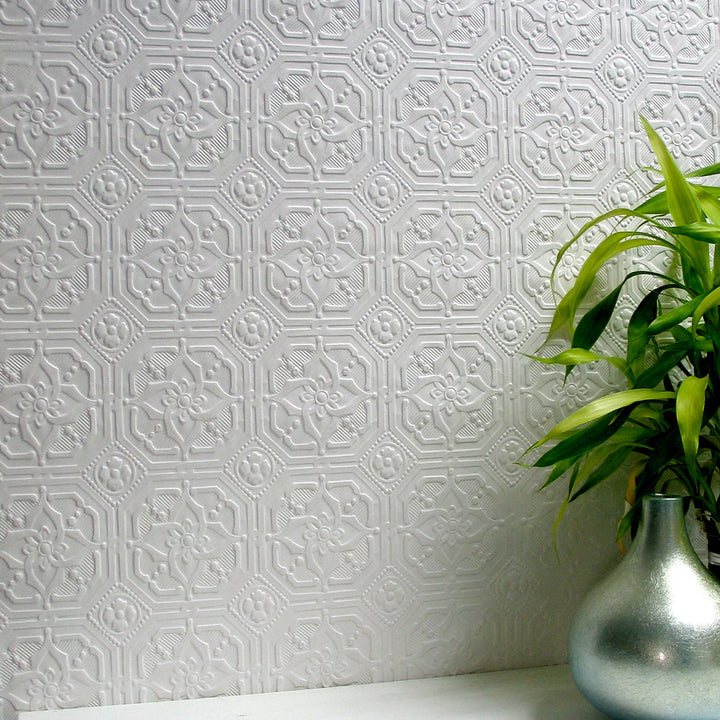 Derby White Paintable Anaglypta Original Wallpaper by Brewster Anaglypta XII Covers about 55 square feet 20-in by 33-ft long roll Unpasted 3.5 - Fabric Carolina -