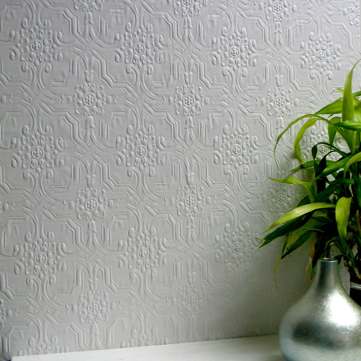 Berkeley White Paintable Anaglypta Original Wallpaper by Brewster Anaglypta XII Covers about 55 square feet 20-in by 33-ft long roll Unpasted 5.3 - Fabric Carolina -