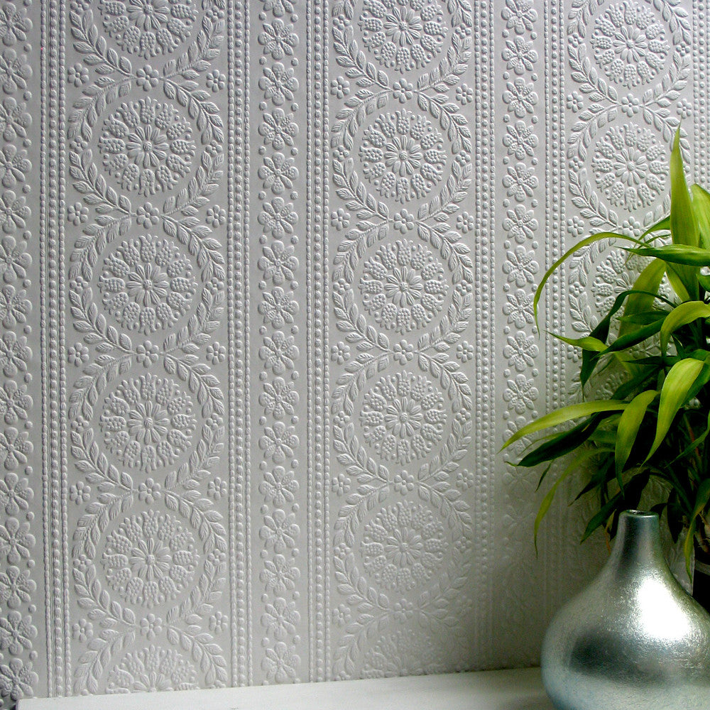 Townsend White Paintable Anaglypta Original Wallpaper by Brewster Anaglypta XII Covers about 55 square feet 20-in by 33-ft long roll Unpasted 3.5 - Fabric Carolina -