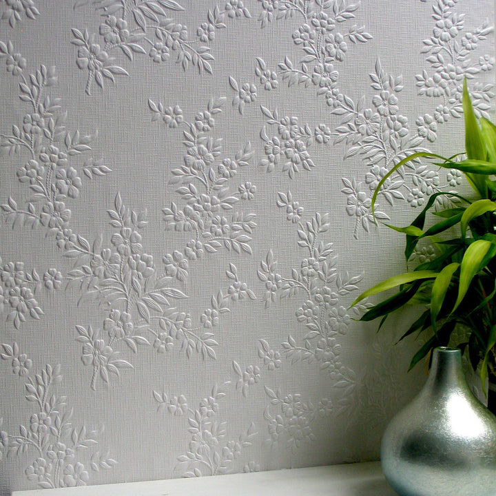 Portland White Paintable Anaglypta Original Wallpaper by Brewster Anaglypta XII Covers about 55 square feet 20-in by 33-ft long roll Unpasted 10.6 - Fabric Carolina -