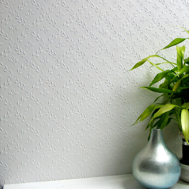 Hamnett White Paintable Anaglypta Original Wallpaper by Brewster Anaglypta XII Covers about 55 square feet 20-in by 33-ft long roll Unpasted 3 - Fabric Carolina -