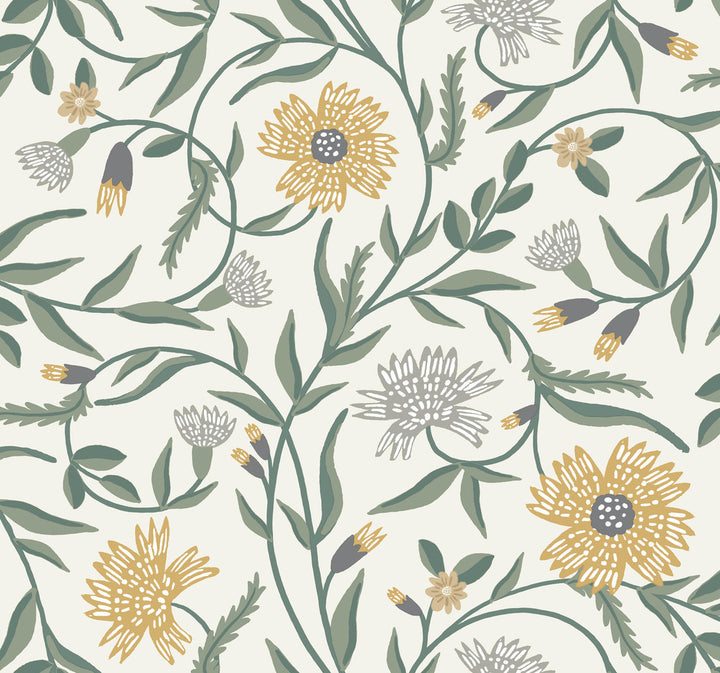 Aster Gold Wallpaper by Rifle Paper Co. Rifle Paper Co. 3rd Edition Covers about 60.8 square feet 27-in by 27-ft long roll Unpasted 25.25 - Fabric Carolina -