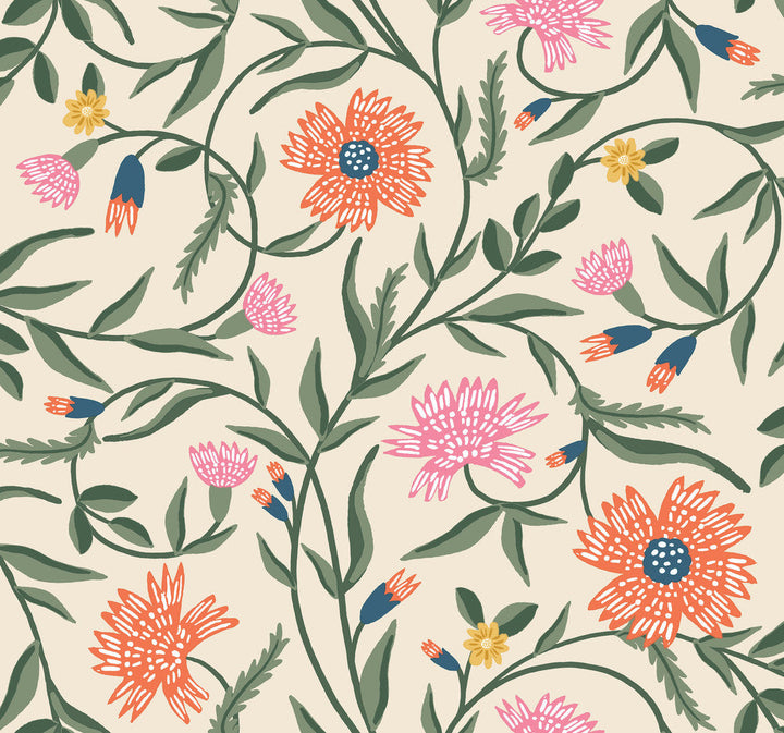 Aster Coral Wallpaper by Rifle Paper Co. Designer Rifle Paper Co. 3rd Edition Covers about 60.8 square feet 27-in by 27-ft long roll Unpasted 25.25 - Swanky Fabrics -