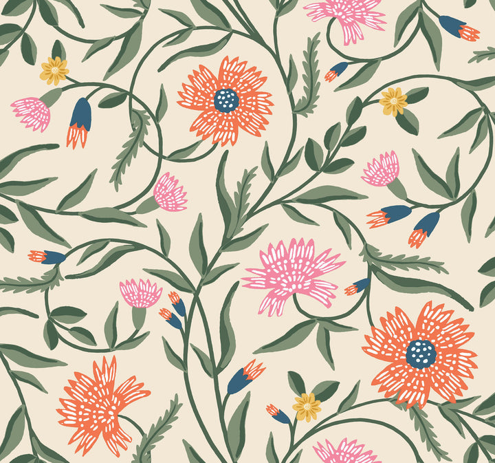 Aster Coral Wallpaper by Rifle Paper Co. Rifle Paper Co. 3rd Edition Covers about 60.8 square feet 27-in by 27-ft long roll Unpasted 25.25 - Fabric Carolina -