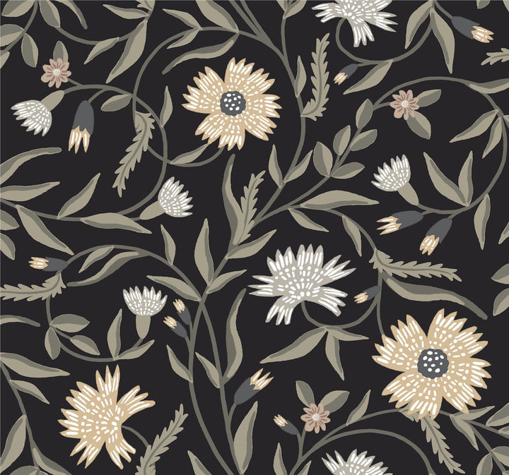 Aster Black Wallpaper by Rifle Paper Co. Rifle Paper Co. 3rd Edition Covers about 60.8 square feet 27-in by 27-ft long roll Unpasted 25.25 - Fabric Carolina -
