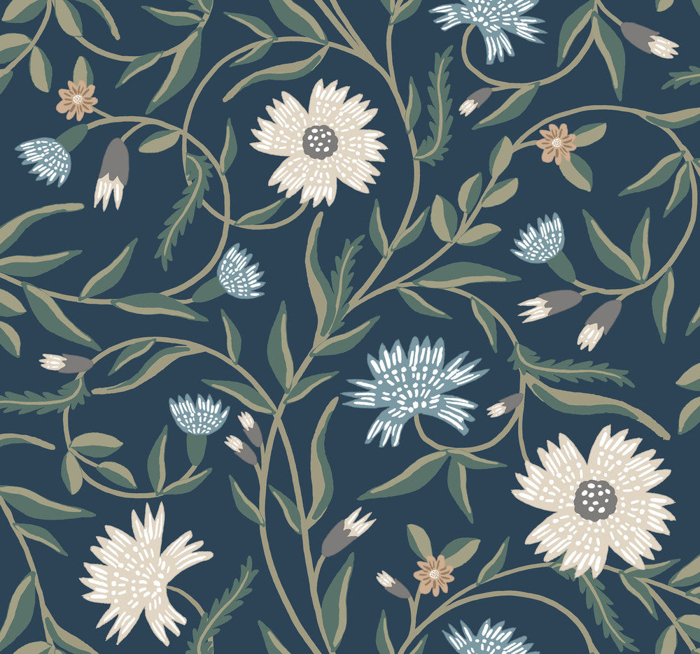 Aster Navy Wallpaper by Rifle Paper Co. Rifle Paper Co. 3rd Edition Covers about 60.8 square feet 27-in by 27-ft long roll Unpasted 25.25 - Fabric Carolina -