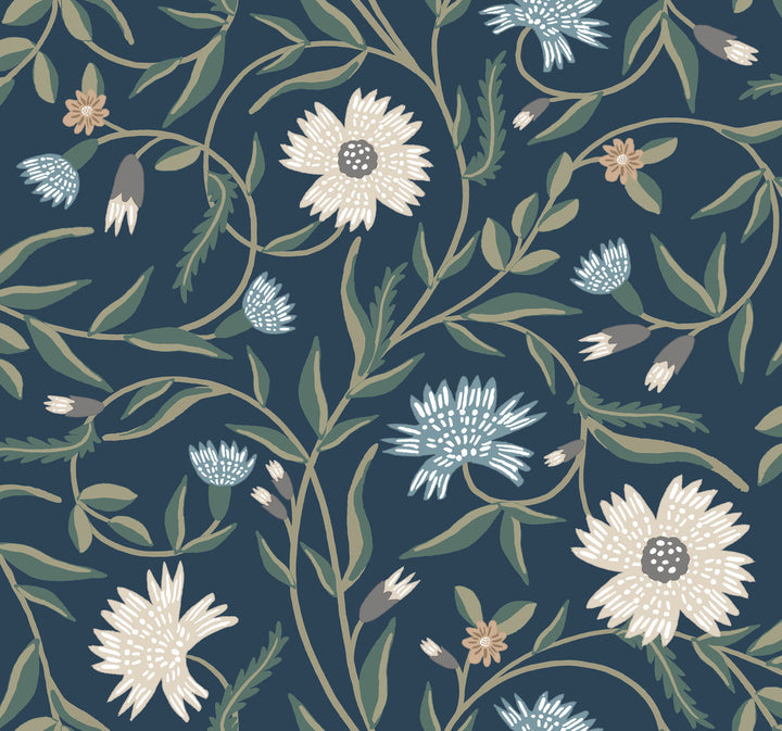 Aster Navy Wallpaper by Rifle Paper Co. Rifle Paper Co. 3rd Edition Covers about 60.8 square feet 27-in by 27-ft long roll Unpasted 25.25 - Fabric Carolina -