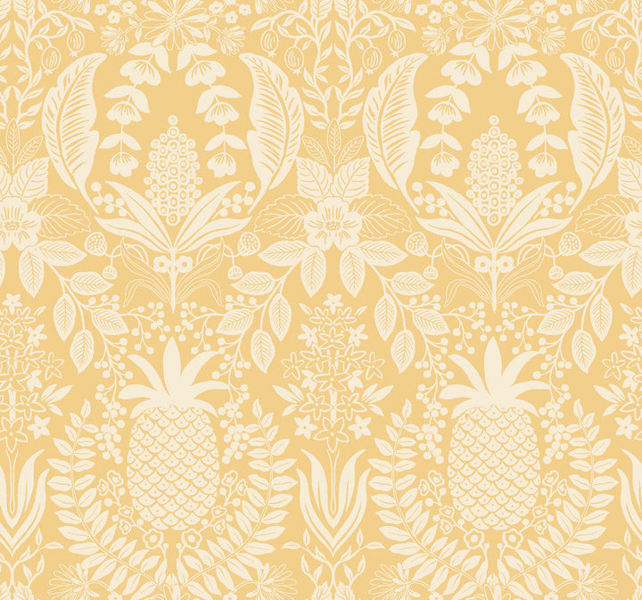 Pineapple Damask Yellow Wallpaper by Rifle Paper Co. Designer Rifle Paper Co. 3rd Edition Covers about 60.8 square feet 27-in by 27-ft long roll Unpasted 25.25 - Swanky Fabrics -
