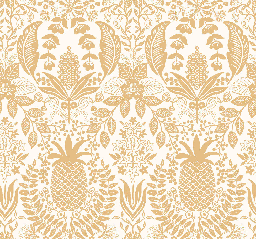 Pineapple Damask Gold Wallpaper by Rifle Paper Co. Rifle Paper Co. 3rd Edition Covers about 60.8 square feet 27-in by 27-ft long roll Unpasted 25.25 - Fabric Carolina -