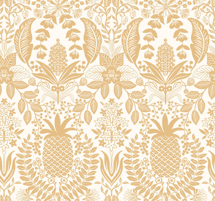 Pineapple Damask Gold Wallpaper by Rifle Paper Co. Rifle Paper Co. 3rd Edition Covers about 60.8 square feet 27-in by 27-ft long roll Unpasted 25.25 - Fabric Carolina -