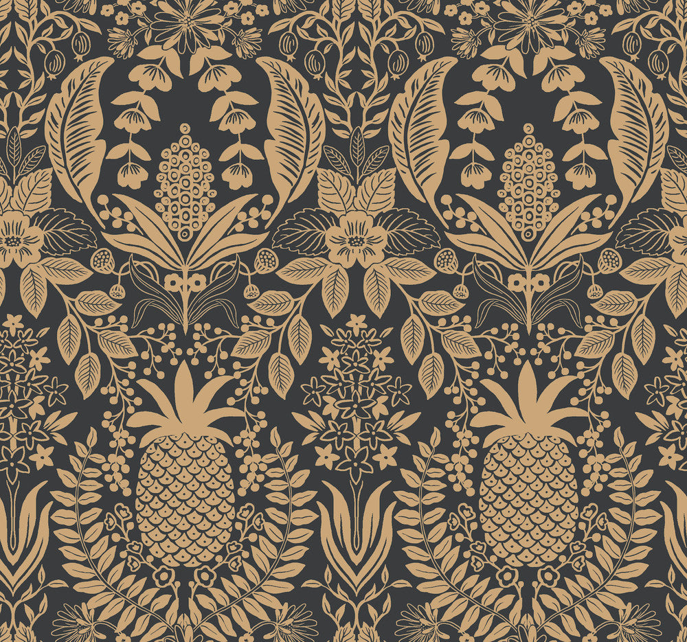 Pineapple Damask Black Wallpaper by Rifle Paper Co. Rifle Paper Co. 3rd Edition Covers about 60.8 square feet 27-in by 27-ft long roll Unpasted 25.25 - Fabric Carolina -