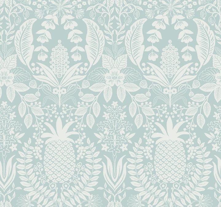 Pineapple Damask Light Blue Wallpaper by Rifle Paper Co. Designer Rifle Paper Co. 3rd Edition Covers about 60.8 square feet 27-in by 27-ft long roll Unpasted 25.25 - Swanky Fabrics -
