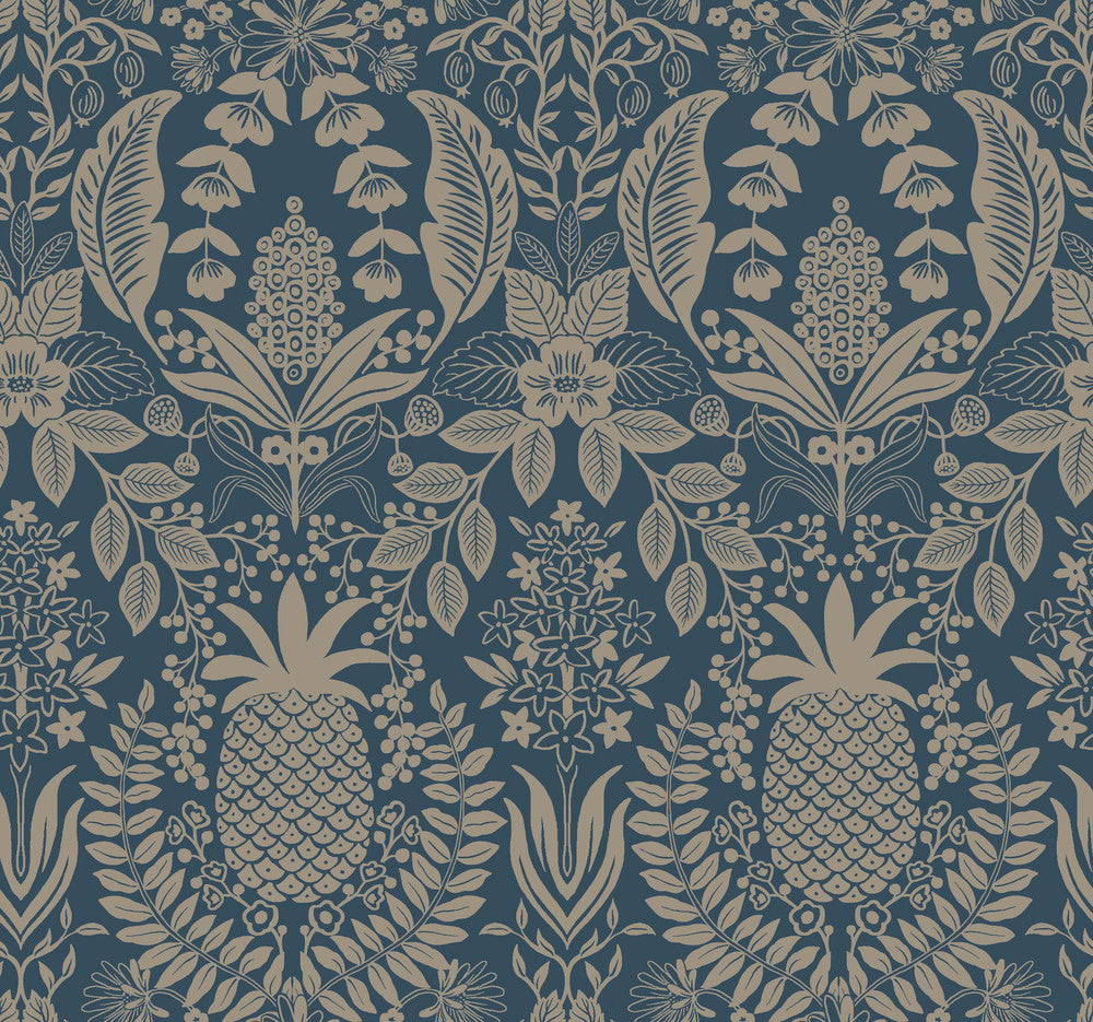 Pineapple Damask Navy Wallpaper by Rifle Paper Co. Rifle Paper Co. 3rd Edition Covers about 60.8 square feet 27-in by 27-ft long roll Unpasted 25.25 - Fabric Carolina -
