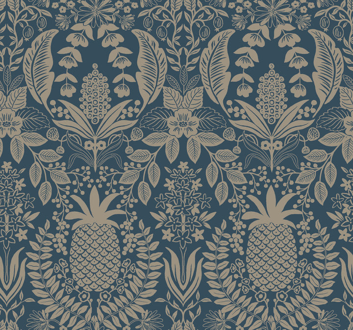 Pineapple Damask Navy Wallpaper by Rifle Paper Co. Rifle Paper Co. 3rd Edition Covers about 60.8 square feet 27-in by 27-ft long roll Unpasted 25.25 - Fabric Carolina -