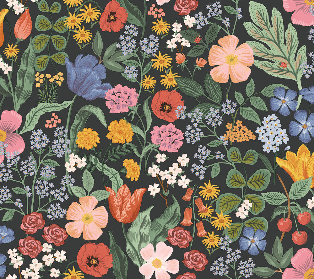 Blossom Black Wallpaper by Rifle Paper Co. Rifle Paper Co. 3rd Edition Covers about 60.8 square feet 27-in by 27-ft long roll Unpasted 24 - Fabric Carolina -
